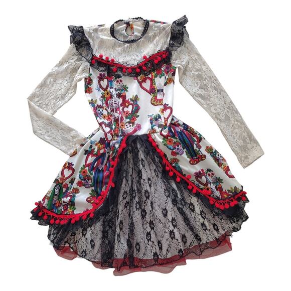 Day of The Dead Girls Dress Size XL Knit Fringe Costume Dios De Los Muertos - Picture 1 of 11